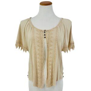Free People Tan Short Sleeve Crochet Detail & Partial Button Front Cardigan